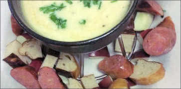 Fondue with Apples, Pretzels and Hotlinks