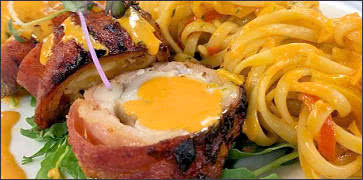 Bacon wrapped Monkfish with Linguine